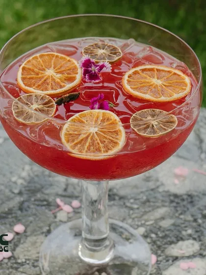 A close-up of our stunning Sakura cocktail, garnished with dehydrated orange slices and edible flowers. It's a work of art.