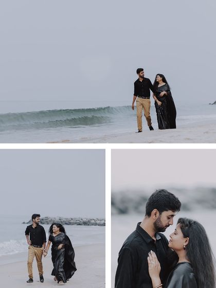 A collage of a couple in black outfits walking on the beach, creating a moody and romantic feel.