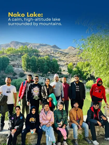The group chilling by the serene Nako Lake. This high-altitude lake, surrounded by mountains, is a perfect spot to relax and soak in the calm vibes of the region.