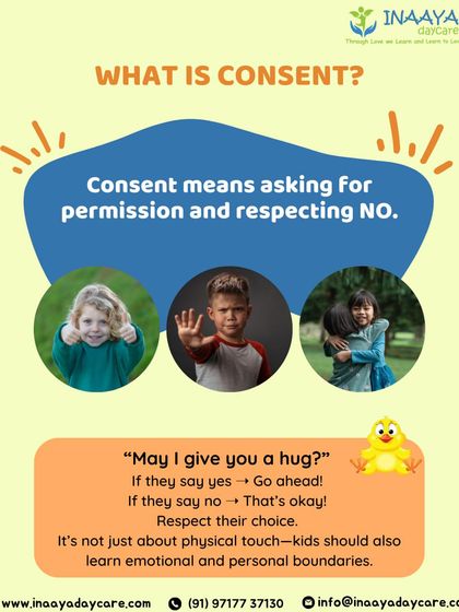 A clear, simple definition of consent for young children. We teach that consent means asking for permission and always respecting the answer "no."