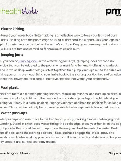 Looking for a fun way to lose weight? My article in Health Shots details 7 pool exercises, like water walking and bicycle kicks, that burn calories and are gentle on your joints.