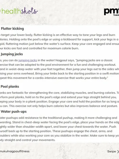 Looking for a fun way to lose weight? My article in Health Shots details 7 pool exercises, like water walking and bicycle kicks, that burn calories and are gentle on your joints.