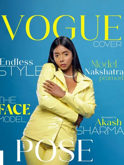 This is what endless style looks like. We created a mock VOGUE cover that highlights a bold, yellow vinyl suit, perfect for a model's portfolio that needs to scream high fashion.