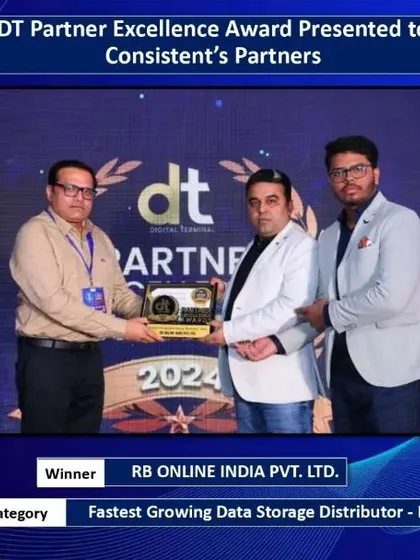 Congratulations to our partner, RB Online India Pvt. Ltd., for winning the award for 'Fastest Growing Data Storage Distributor' in Delhi. We value our strong partnerships and celebrate their success.