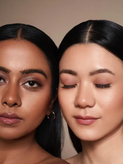 A close up from a beauty campaign for an eyelash range. The makeup on both models is soft and minimal to draw attention to the natural looking lashes and showcase their suitability for different eye shapes and skin tones.