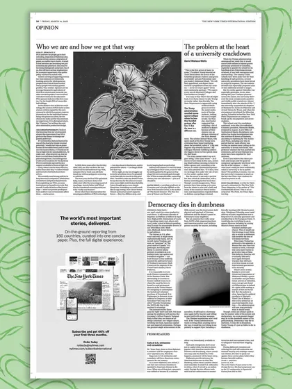 The complete print layout for the NYT Opinion section, showing how my two illustrations were used together in the international edition.