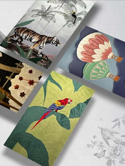 A collage of our nature-inspired panels. From tigers and parrots to hot air balloons, these pieces are the protagonists of your home's narrative, creating a visual masterpiece that speaks volumes.