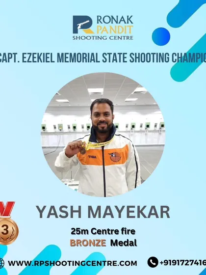 A bronze medal for our coach Yash Mayekar in the 25m centre fire event at the 26th Capt. Ezekiel Memorial State Shooting Championship. Our coaches lead by example.