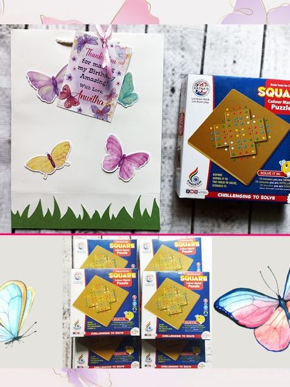 A butterfly-themed paper bag paired with a "Square" color match puzzle. It's a great combination of a beautiful presentation and a brain-teasing game.