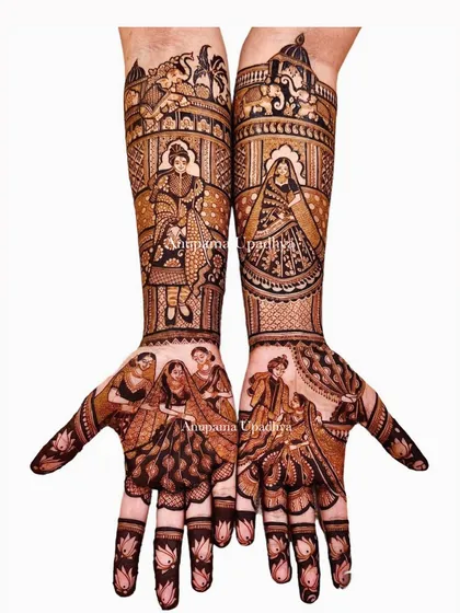 My signature style of bridal mehandi. This design showcases intricate patterns and multiple scenes from a wedding, from family moments to the couple's ceremony.