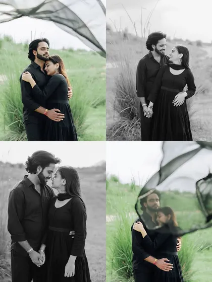 A quad-collage of black and white images, capturing the gentle and romantic interactions of a couple in nature.