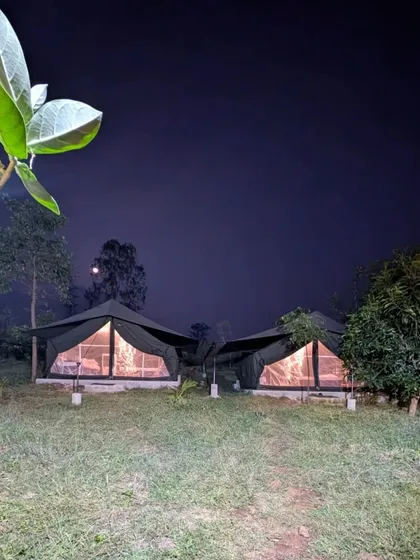 Your cozy home under the stars. Our comfortable tents glowing warmly at dusk, promising a night of adventure, campfire stories, and sleeping soundly surrounded by nature.