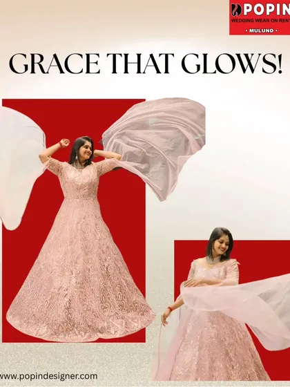 "Grace that Glows". This graphic highlights the ethereal quality of the pink gown, with its flowing dupatta and all-over shimmer.
