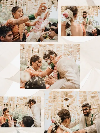 A collage capturing the fun and chaos of the Varmala exchange. We document all the laughter, the lifting of the bride and groom, and the loving moments in between.