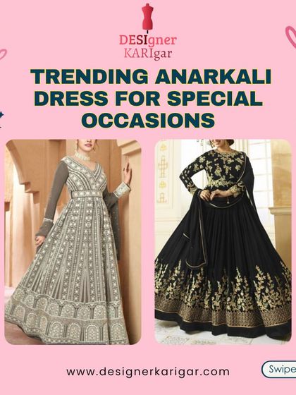 Two more elegant Anarkali designs. One in a sophisticated grey with white embroidery, and another in classic black with gold floral patterns along the hem.