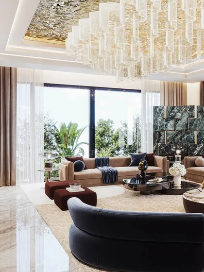 A view showcasing the room's connection to the outdoors through floor-to-ceiling windows. The render balances the interior luxury with the natural greenery, highlighting the deep green marble screen.