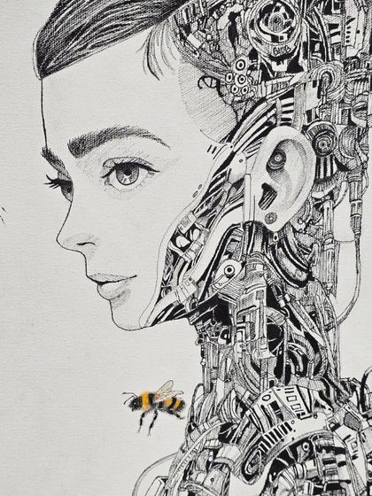 A detailed close-up of the biomechanical portrait, showcasing the incredible level of detail and clean line work achieved with micron pens.