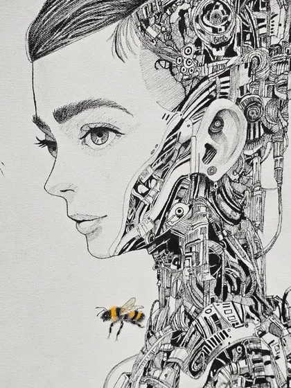 A detailed close-up of the biomechanical portrait, showcasing the incredible level of detail and clean line work achieved with micron pens.
