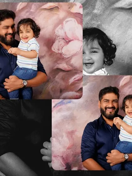 This collage shows how a single photo can be presented in different ways, including a classic black and white version that highlights the child's joyful expression.