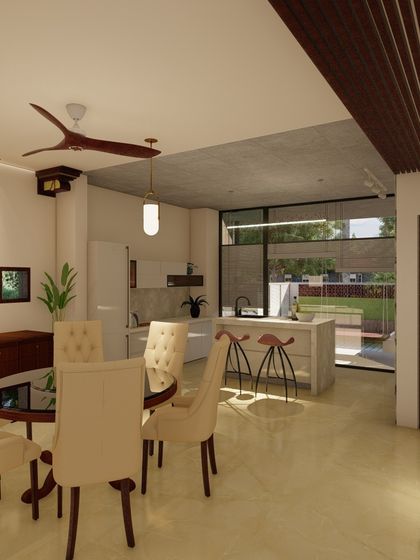 A render of a dining and kitchen area, showing a clean, modern design with a neutral palette and warm wood accents. The space is designed to be bright and connected to the outdoors.