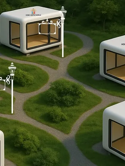 Our "Glass Haven" pods arranged in a resort-style layout. These minimalist cabins are perfect for creating unique hospitality experiences, offering guests a private and stylish connection to nature.