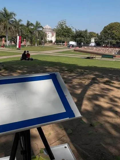My easel set up at Sunder Nursery, ready for a morning of sketching. The park offers endless beautiful views to capture.