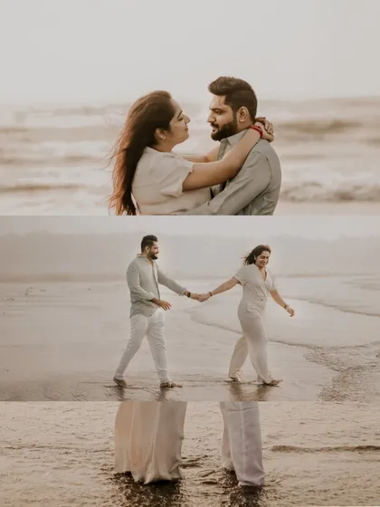 A collage of romantic moments on the beach, from a close embrace to a walk along the water's edge, telling a complete story of their seaside love.