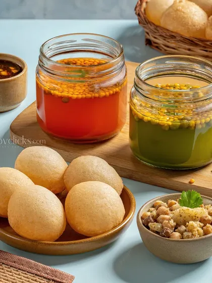 A deconstructed Pani Puri or Golgappa platter for Gulab Sweets, showing the spicy and sweet water in jars, ready to be filled.
