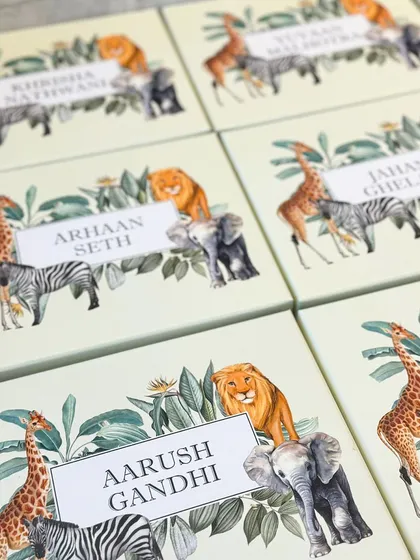 Another view of the personalized safari stationery boxes, showcasing the beautiful animal illustrations and clean design.