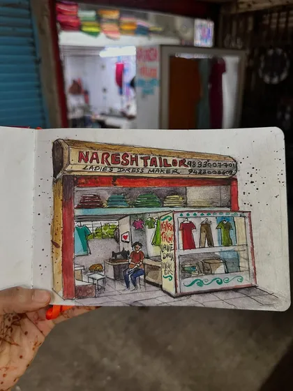 A watercolour sketch of Naresh Tailor, a local ladies' dressmaker in my neighbourhood. It's these small businesses that are the backbone of our communities, and I love to document them in my art.
