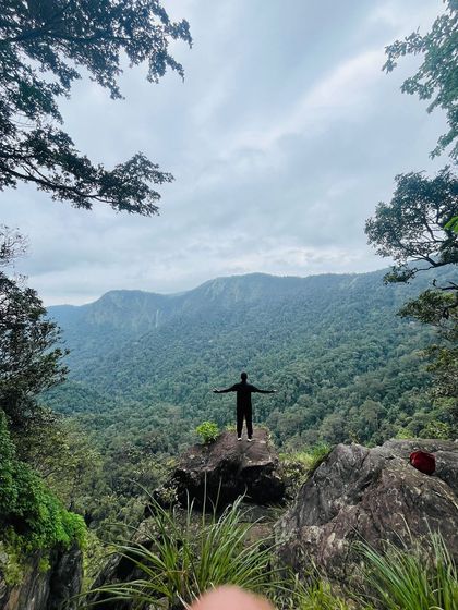 A trekker stands with arms outstretched on a rock, overlooking a vast forest. This is a moment of pure freedom and connection with nature.