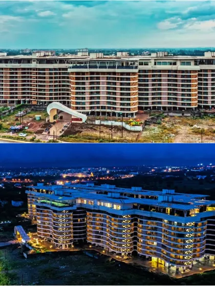 A day and night comparison of the Palm Bellagio in Raipur. This image highlights how the building's unique curved walls and facade lighting transform its appearance, creating an iconic landmark for the city around the clock.