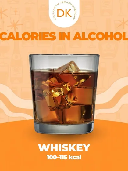 Whiskey contains around 100-115 kcal per serving. Remember, 1 gram of alcohol has 7 calories, which is more than carbohydrates.