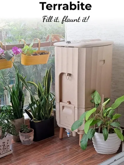 The Terrabite is our most convenient composter, designed to fit beautifully into any modern home. Here it is, looking stylish on a balcony, ready to turn waste into wealth.