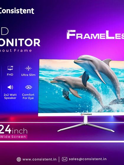 Experience visuals without borders on my 24-inch frameless LED monitor. It features Full HD resolution, an ultra-slim profile, and a 2x2 watt built-in speaker, combining sleek aesthetics with practical functionality.