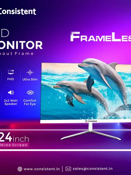 Experience visuals without borders on my 24-inch frameless LED monitor. It features Full HD resolution, an ultra-slim profile, and a 2x2 watt built-in speaker, combining sleek aesthetics with practical functionality.