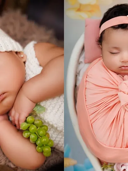 A collage showing two different angles of a sleeping newborn, highlighting their chubby cheeks and serene expression.