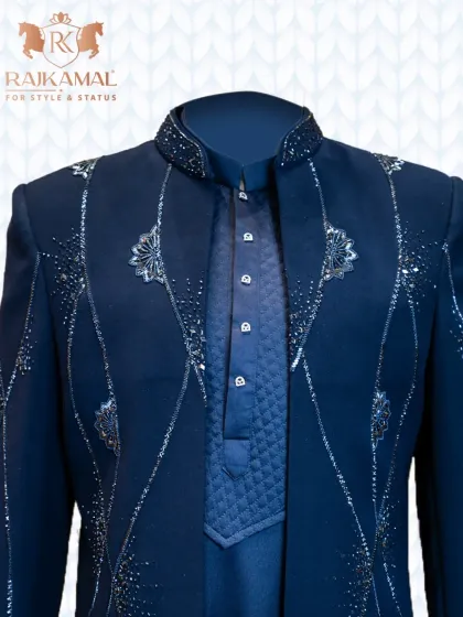 A close-up of the quilted texture and silver button details on the inner kurta, paired with the embellished open jacket.