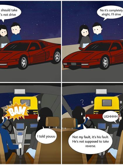 Based on a real story from a client, this comic strip illustrates a little driving mishap. It's a fun and creative way to remember the moments that make you laugh.
