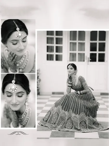 A timeless black and white collage of a bride, featuring elegant close-ups and a full-length portrait that emphasizes the grace of her wedding attire.