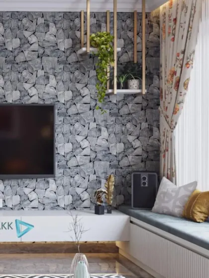 A closer look at the TV and window seat combination. The hanging plant adds a touch of greenery, and the custom window seat provides extra seating and storage, making excellent use of the space.