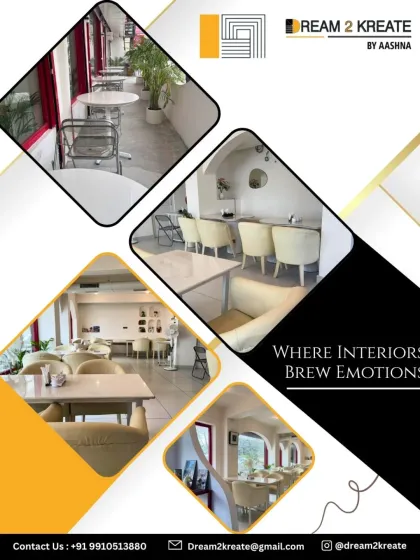 This graphic highlights the cozy corners and elegant curves of a cafe interior, emphasizing its warm and modern design.