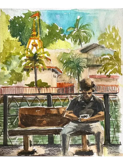 A quiet moment captured in watercolour. This sketch shows a man sitting on a bench near a temple, a common and peaceful scene found throughout Mumbai.