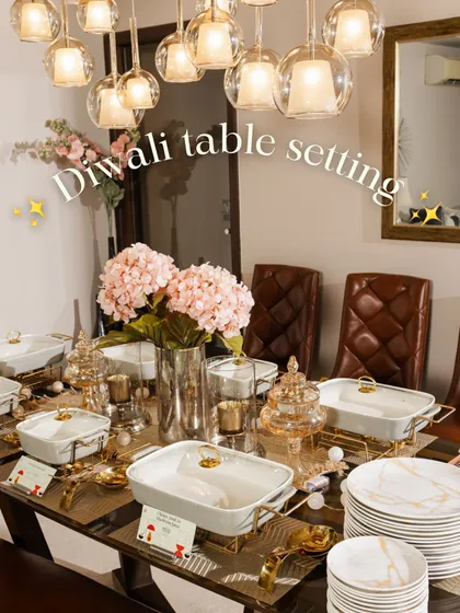 An elegant Diwali dinner table set for an intimate celebration at home. I believe in creating a complete experience, where the beautiful serveware and decor are as delightful as the food itself.