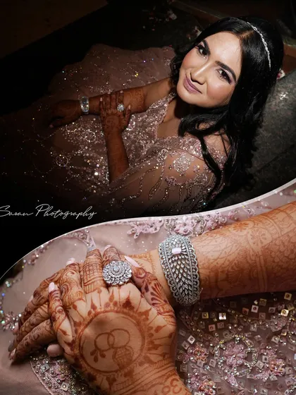 A collage showing the bride's portrait and a close-up of her intricate henna and diamond engagement ring.