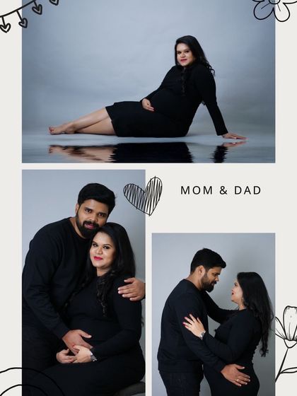 A lovely photo collage capturing different poses from a maternity shoot, showcasing the couple's connection and the beauty of the baby bump.