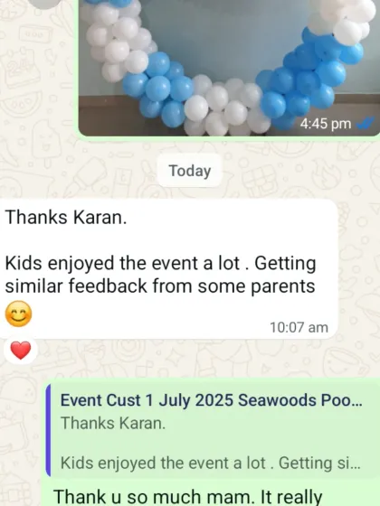 Nothing makes me happier than receiving feedback like this. A screenshot from a happy client whose kid's birthday party I hosted, confirming that the children and parents all had a fantastic time.