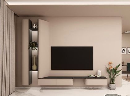 This TV unit for the SVASA 2A project features an asymmetrical design with a concealed vertical storage element. The clean lines and neutral beige palette create a minimalist aesthetic that is both stylish and practical.