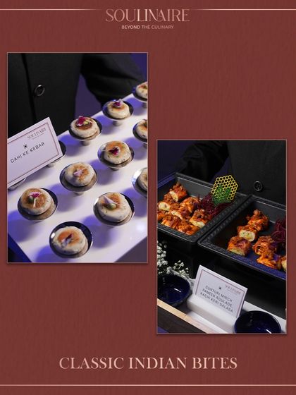 A collage of classic Indian bites, including Dahi Ke Kebab and Paneer Kurchan. We masterfully prepare and present timeless Indian appetizers.