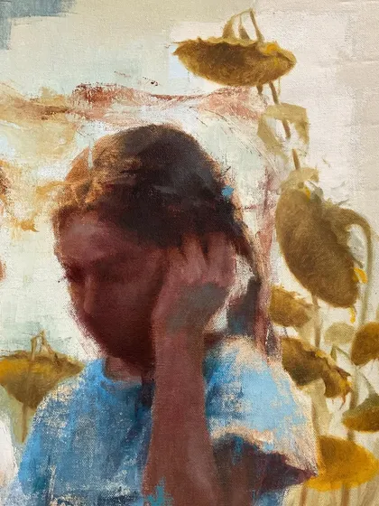 Another detail from "Choice of Living," showing the shy, downward glance of one of the girls. This captures a subtle, quiet moment of their interaction.